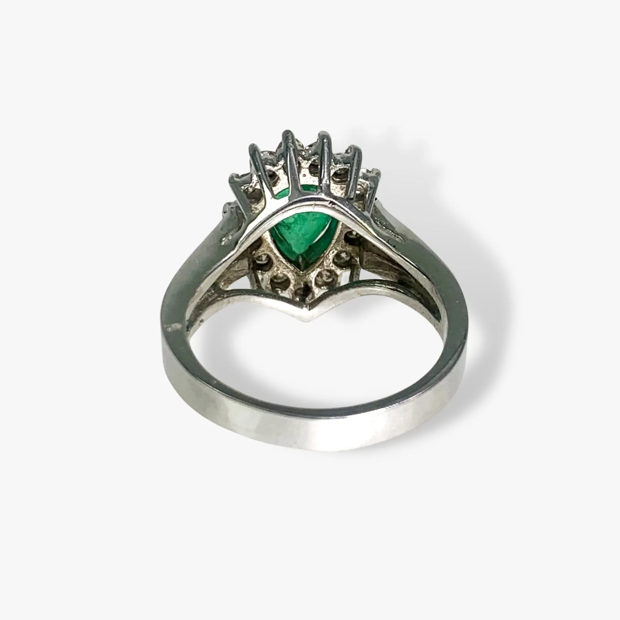 14k White Gold Pear-Shaped Emerald Diamond Halo Split Shank Vintage Ring