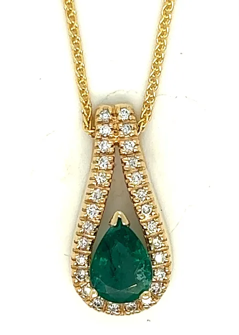 14Y 1.73ct Pear Shaped Emerald and .28ct Diamond Pendant