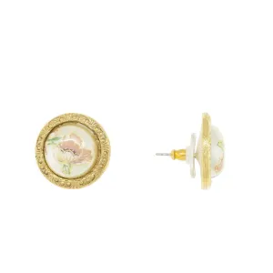 1928 Jewelry Flower Decal Faux Pearl Round Button Earrings