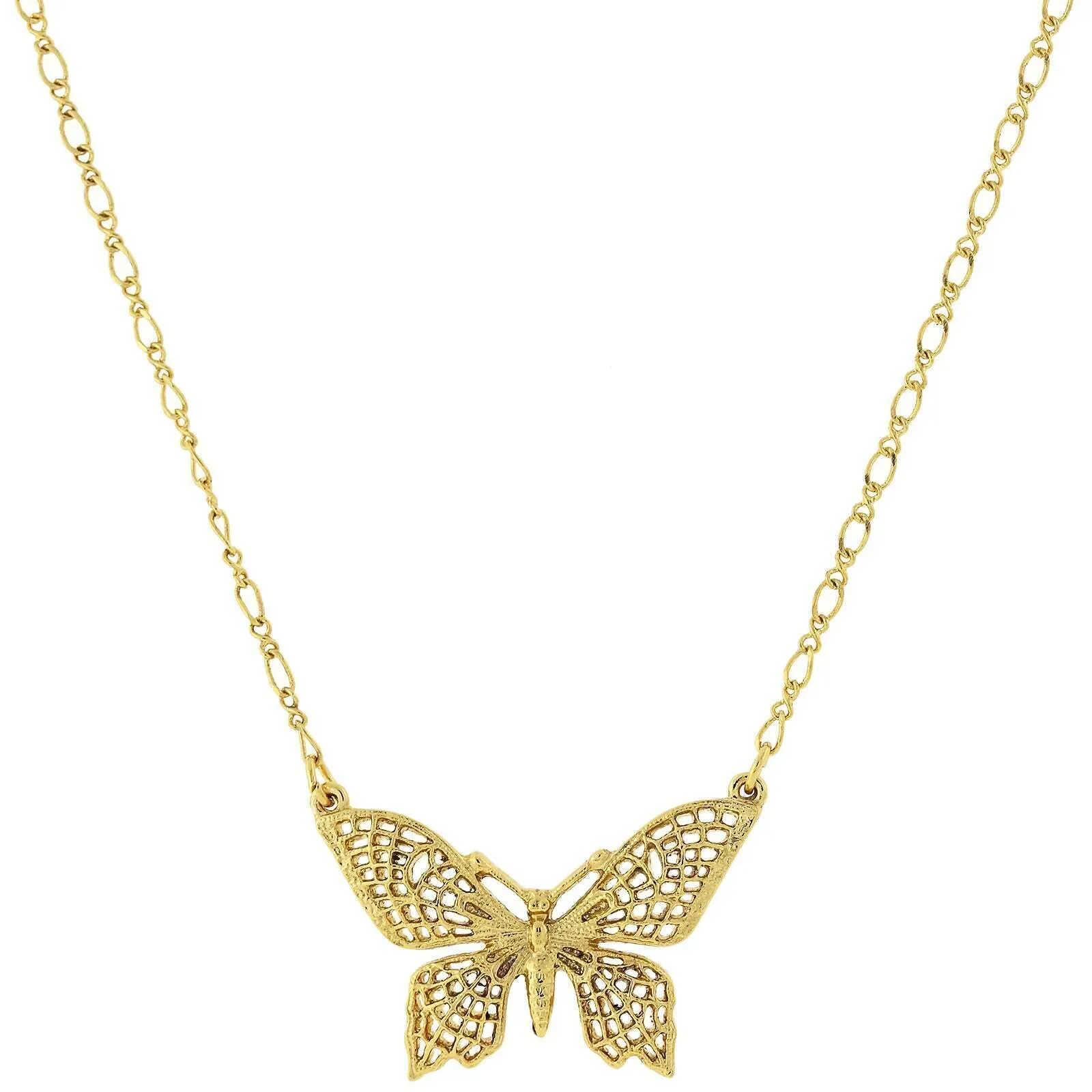 1928 Jewelry Gold Filigree Butterfly Pendant Necklace 16"   3" Extender