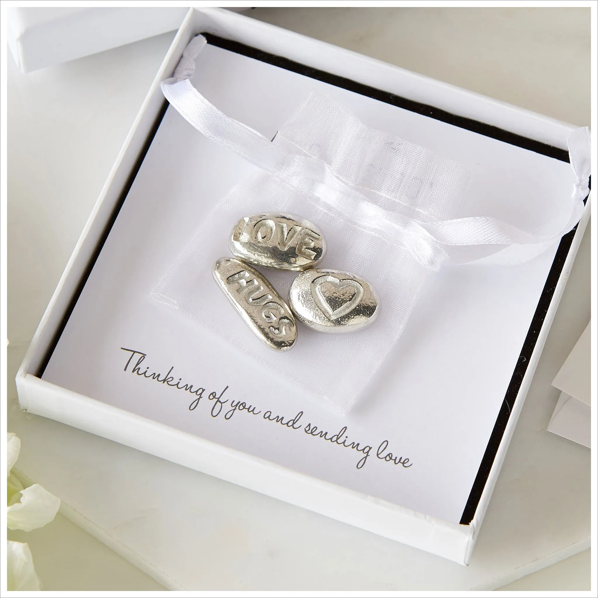 3 Pewter 'Love, Hugs & Heart' Pebbles Sympathy Gift with Bag & Card