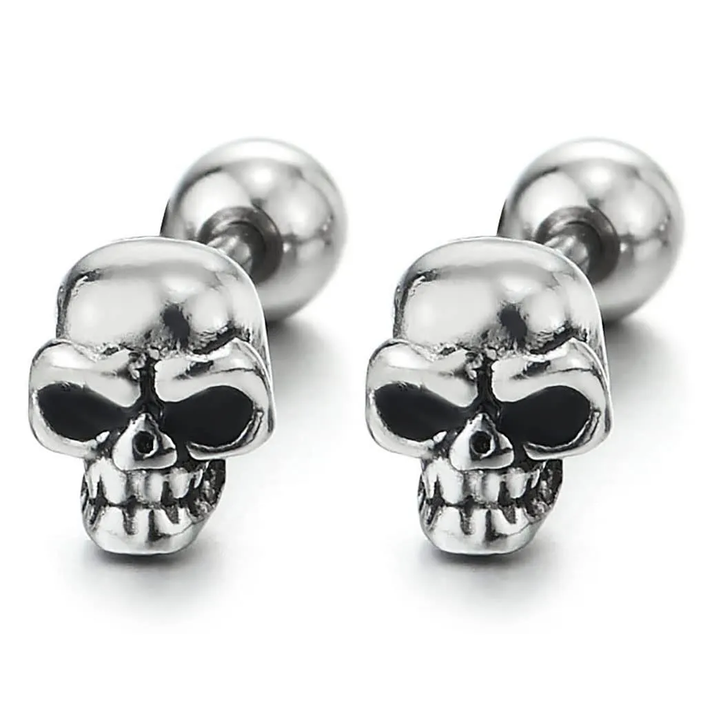 A Pair Mens Women Gothic Small Vintage Skull Stud Earrings in Stainless Steel Punk Biker Polished