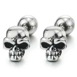 A Pair Mens Women Gothic Small Vintage Skull Stud Earrings in Stainless Steel Punk Biker Polished