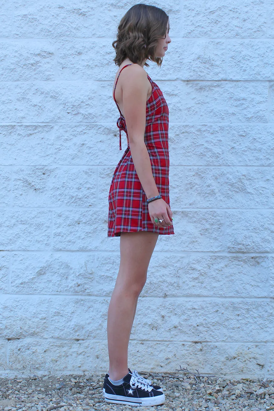 Adjustable Lace Back Dress - Red Plaid