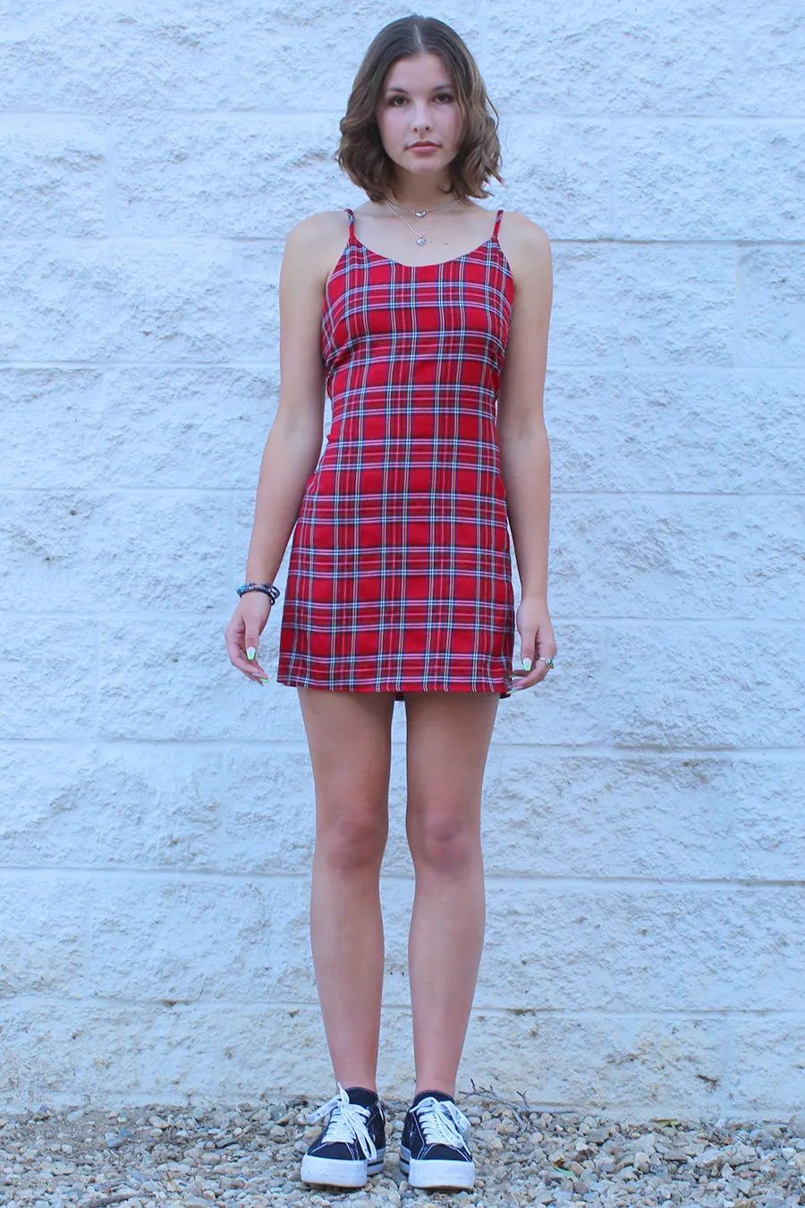 Adjustable Lace Back Dress - Red Plaid