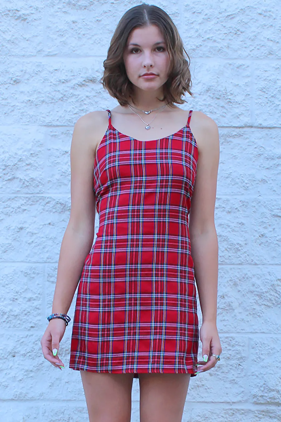 Adjustable Lace Back Dress - Red Plaid