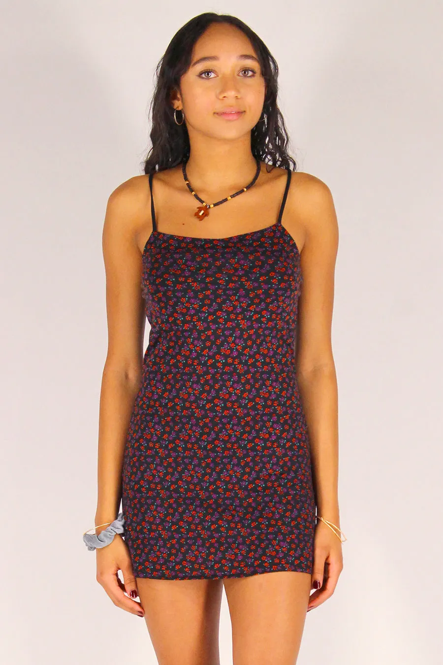 Adjustable Strap Dress - Stretchy Black with Red Floral