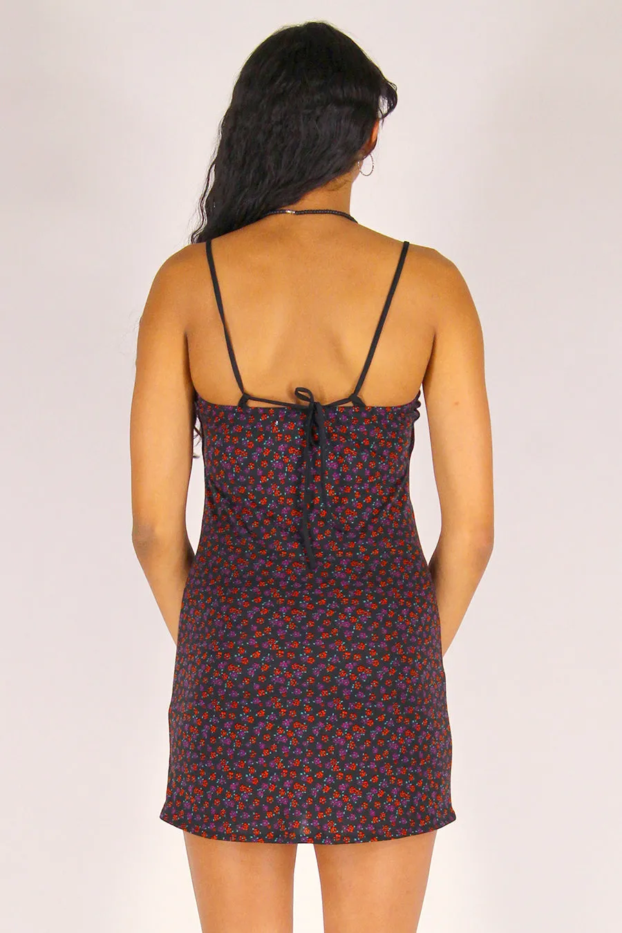 Adjustable Strap Dress - Stretchy Black with Red Floral