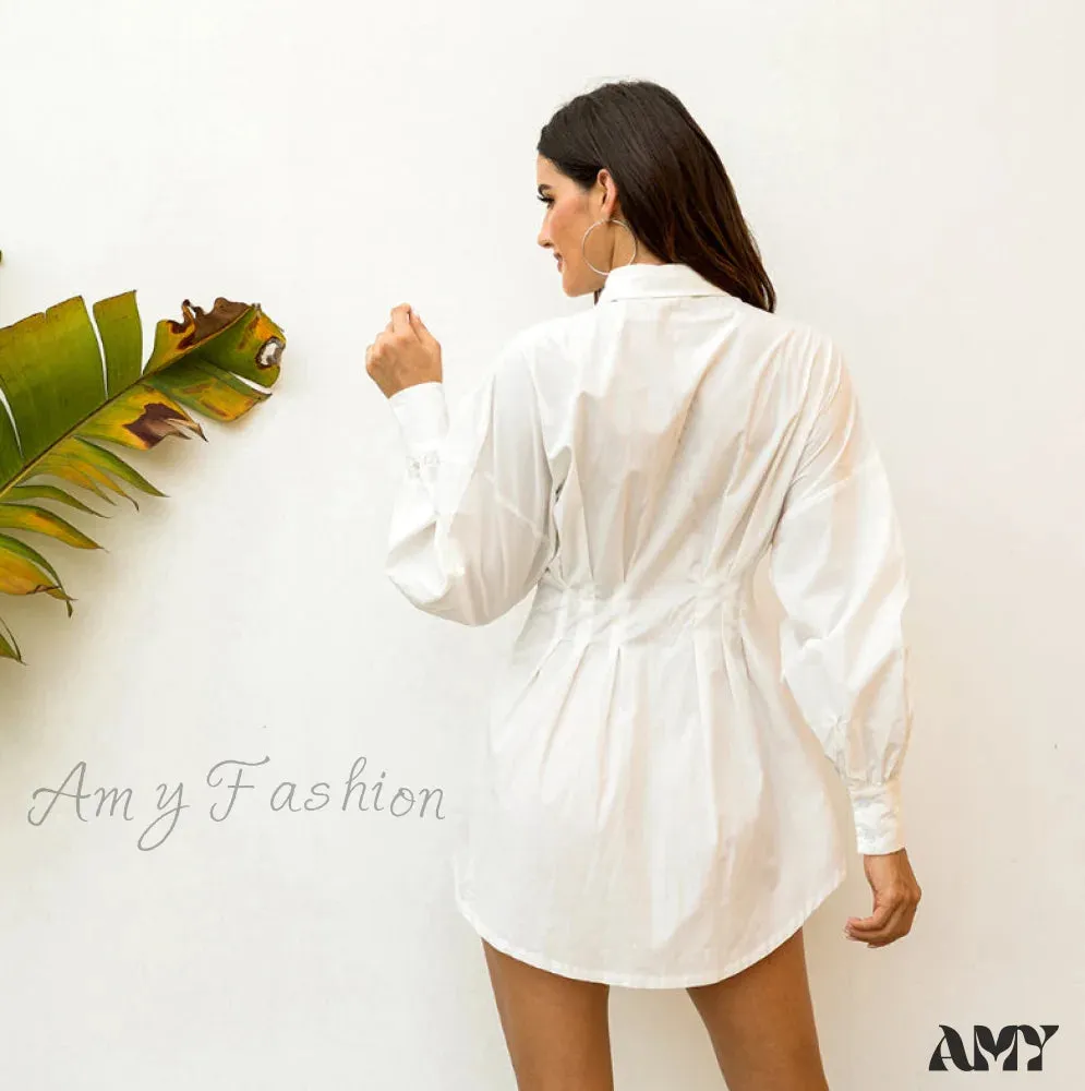 Amy Fashion - Chain Strap Print Half Sleeve Turn-down Button Shirt Dress