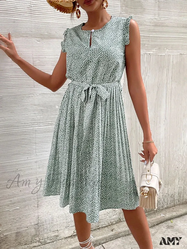 Amy Fashion - Floral Print Sleeveless Round Neck Pleated Dress