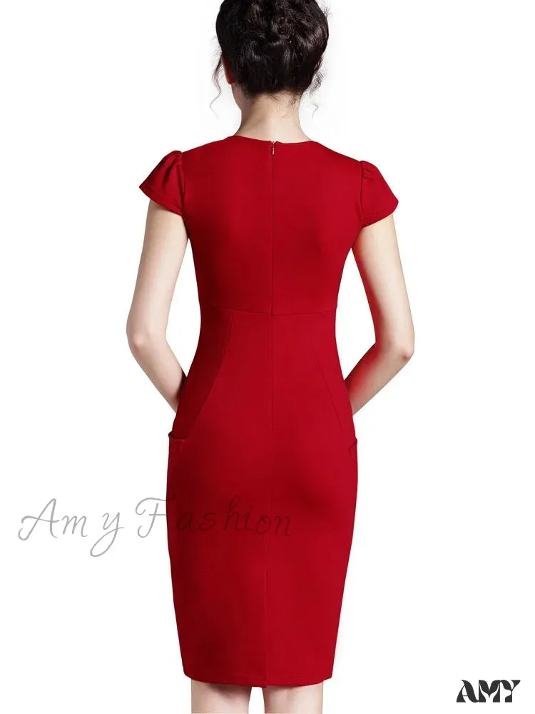 Amy Fashion - Solid Deep V neck Zipper Back Formal Stretch Pencil Dress