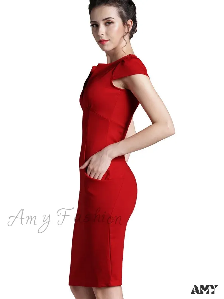 Amy Fashion - Solid Deep V neck Zipper Back Formal Stretch Pencil Dress