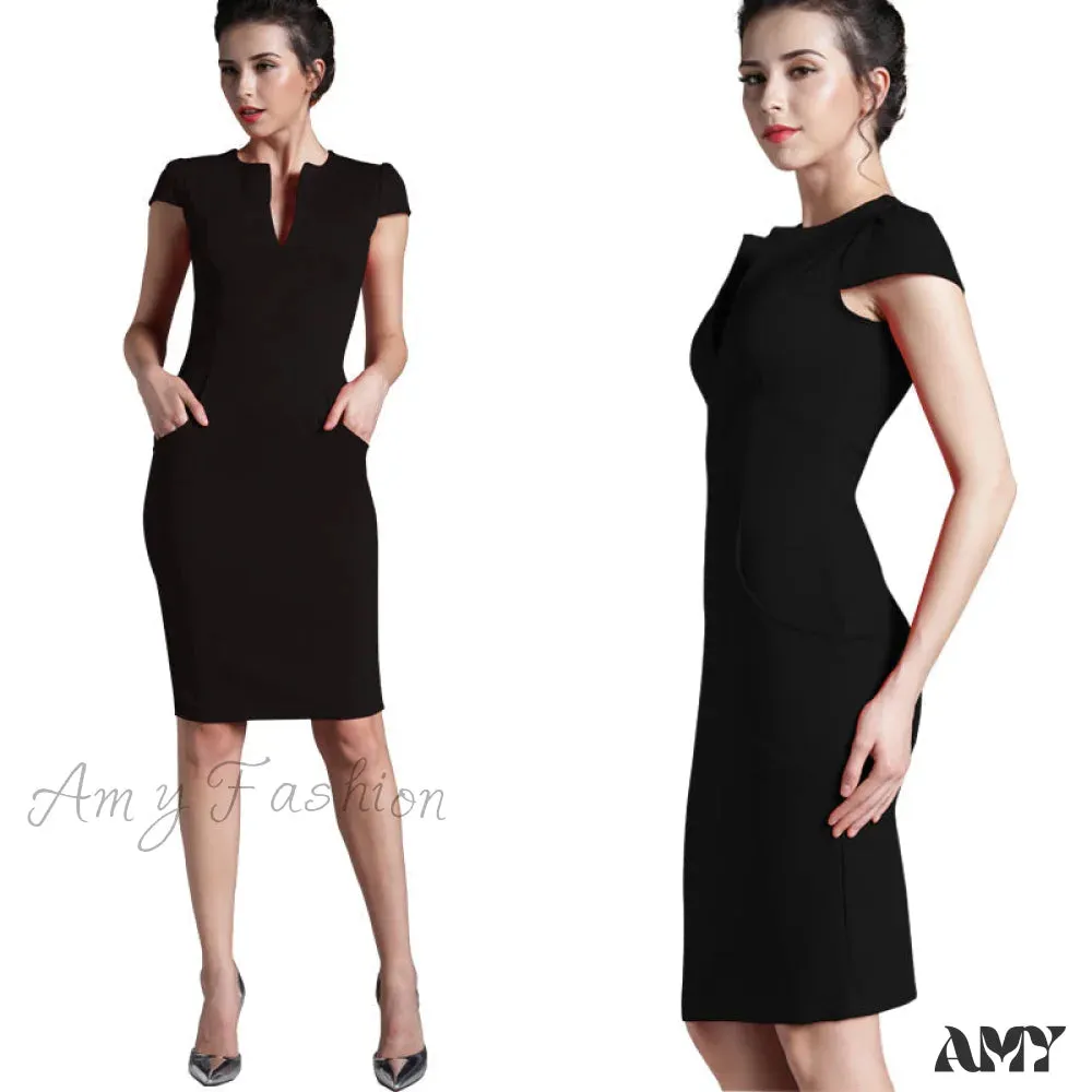 Amy Fashion - Solid Deep V neck Zipper Back Formal Stretch Pencil Dress