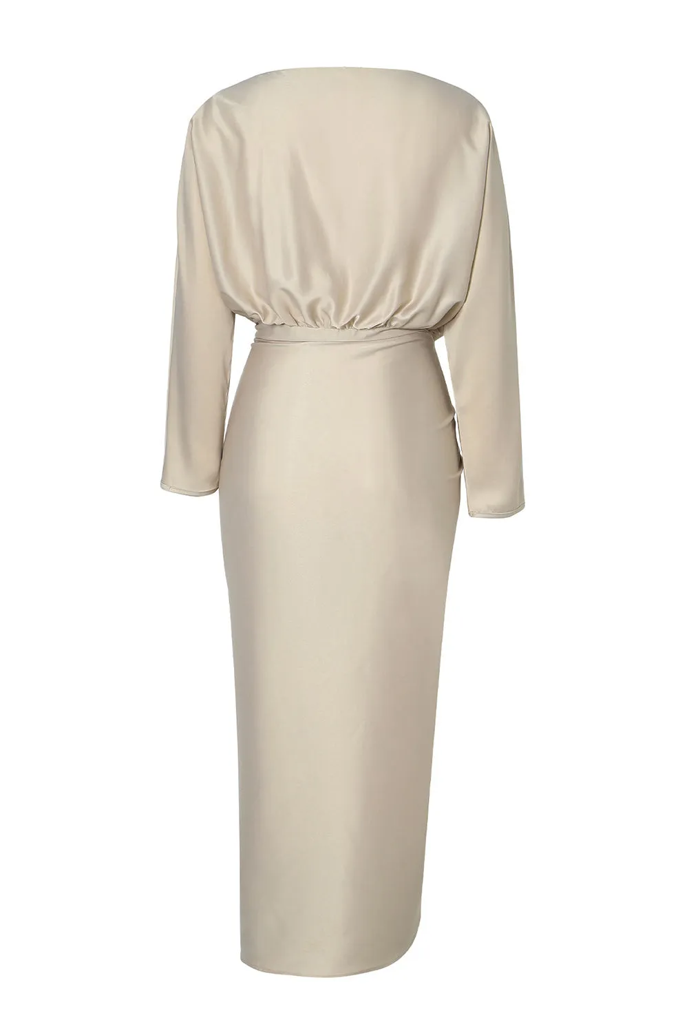 Apricot Satin Elegant Wrap Tie Side Boat Neck Long Sleeve Dress