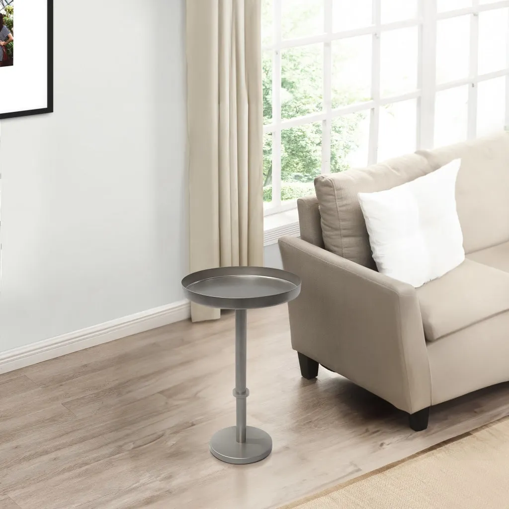 Ara 12 Inch Side End Table, Vintage Sleek Pillar Base, Round Tray Top, Matte Nickel FinishThe Urban Port