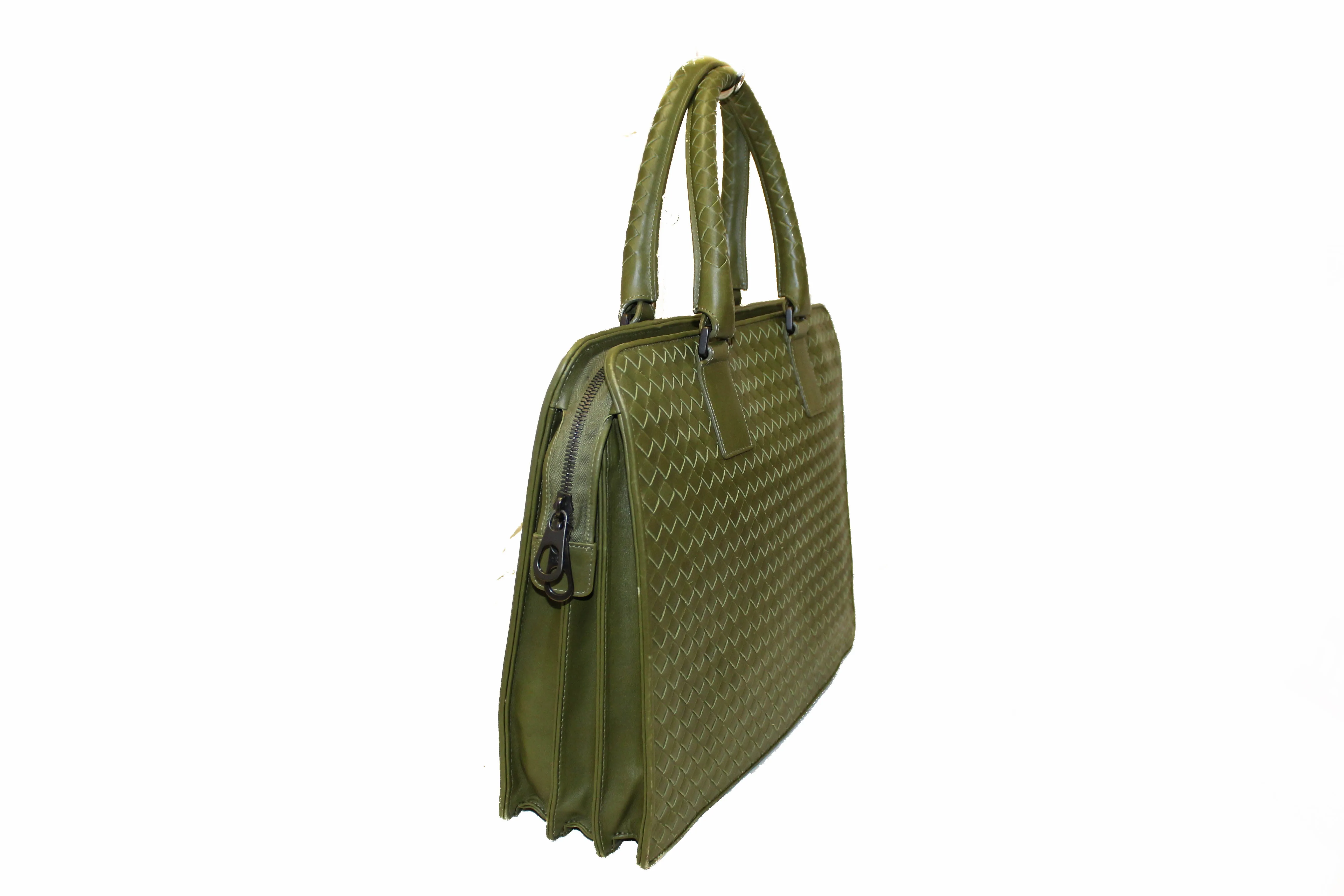 Authentic Bottega Veneta Green Intrecciato Calfskin Leather Briefcase