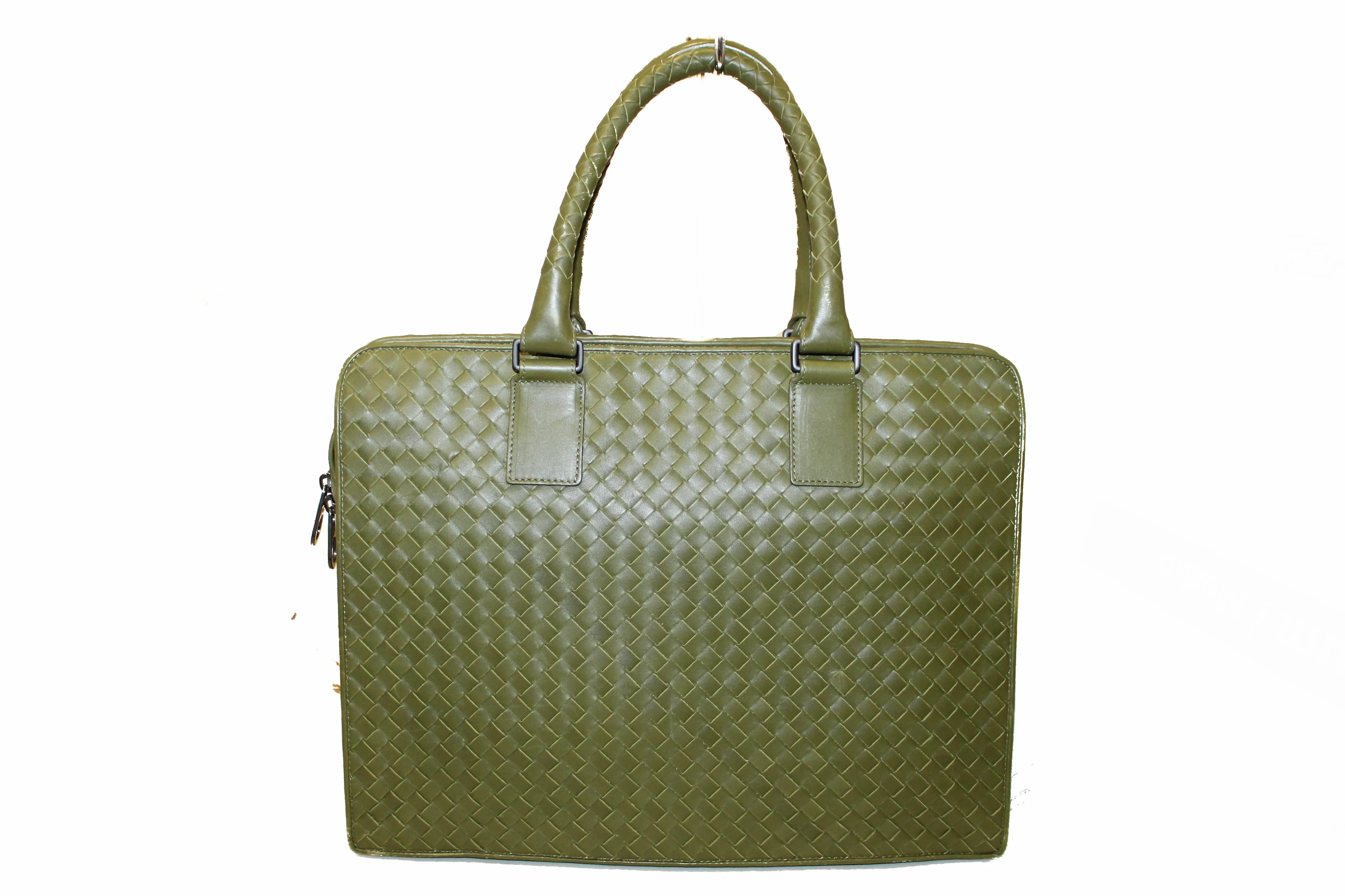 Authentic Bottega Veneta Green Intrecciato Calfskin Leather Briefcase