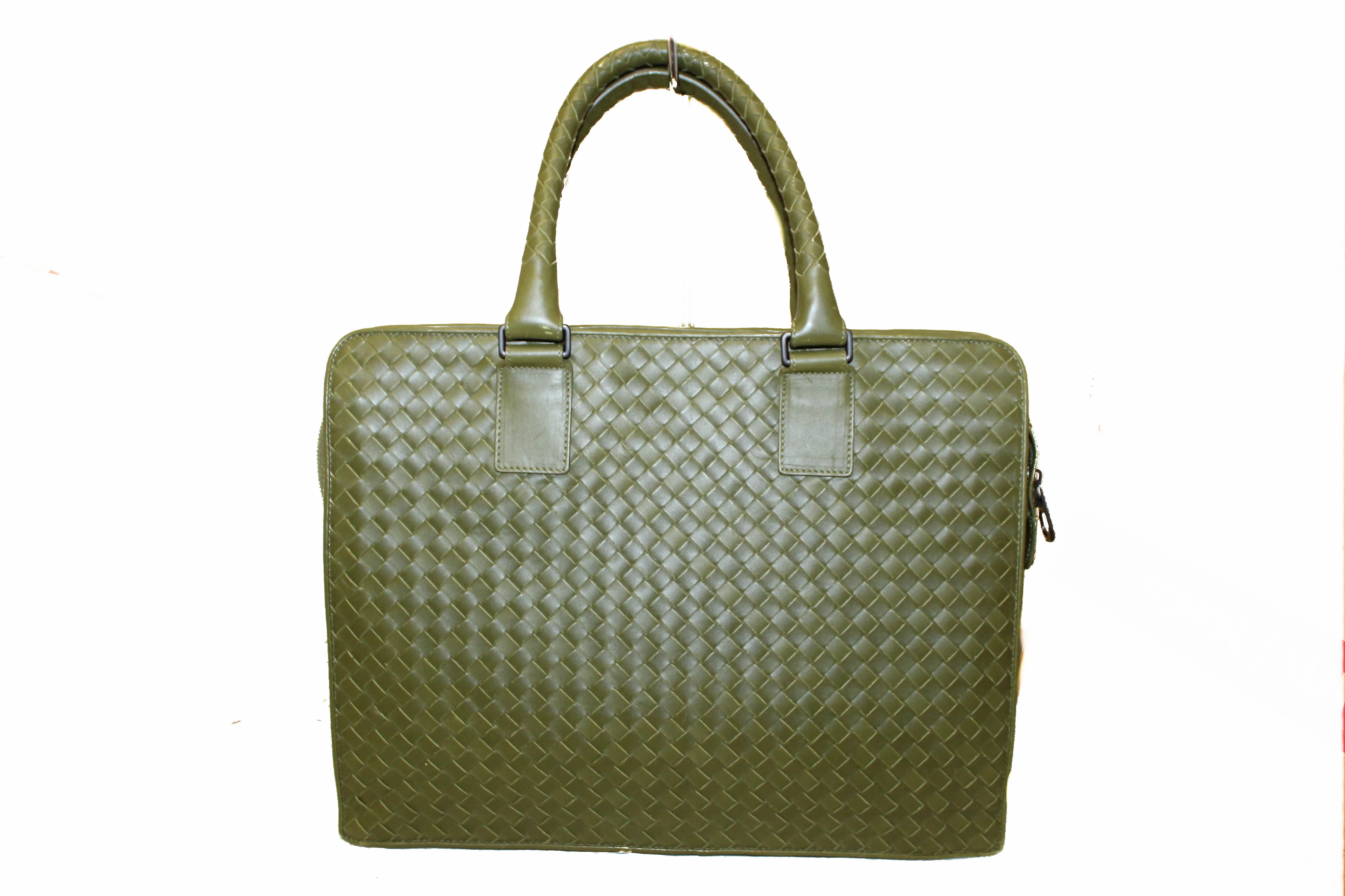 Authentic Bottega Veneta Green Intrecciato Calfskin Leather Briefcase