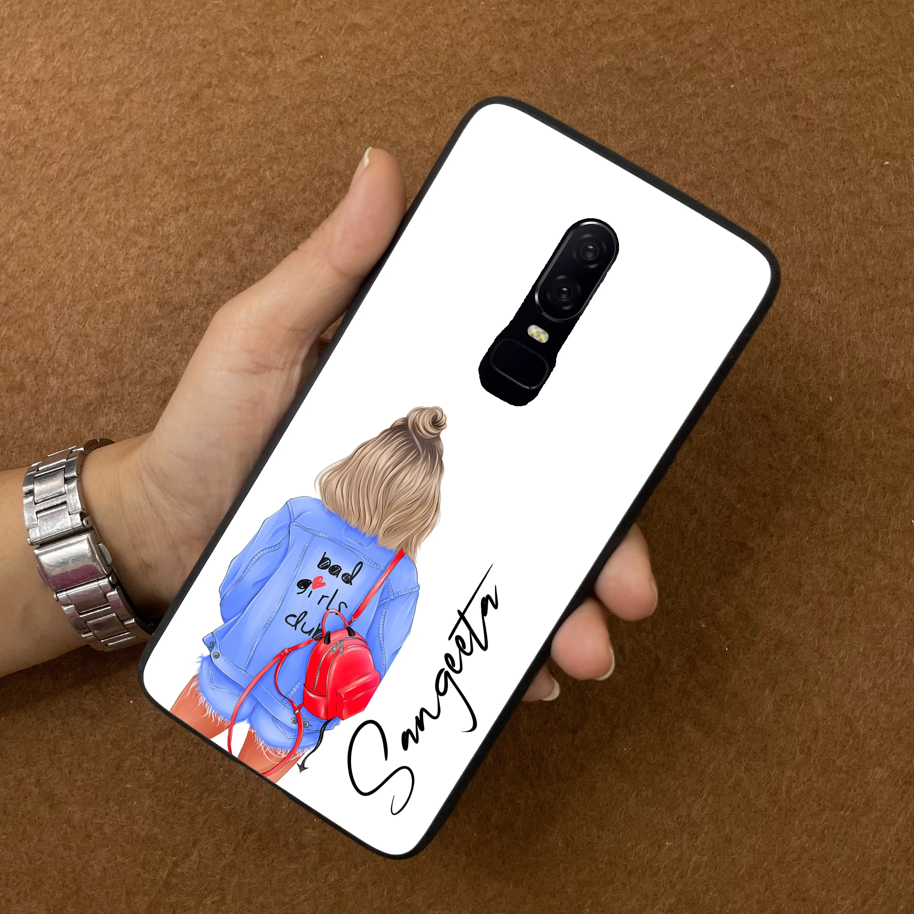 Bag Girl Customize Name Glass Case For OnePlus