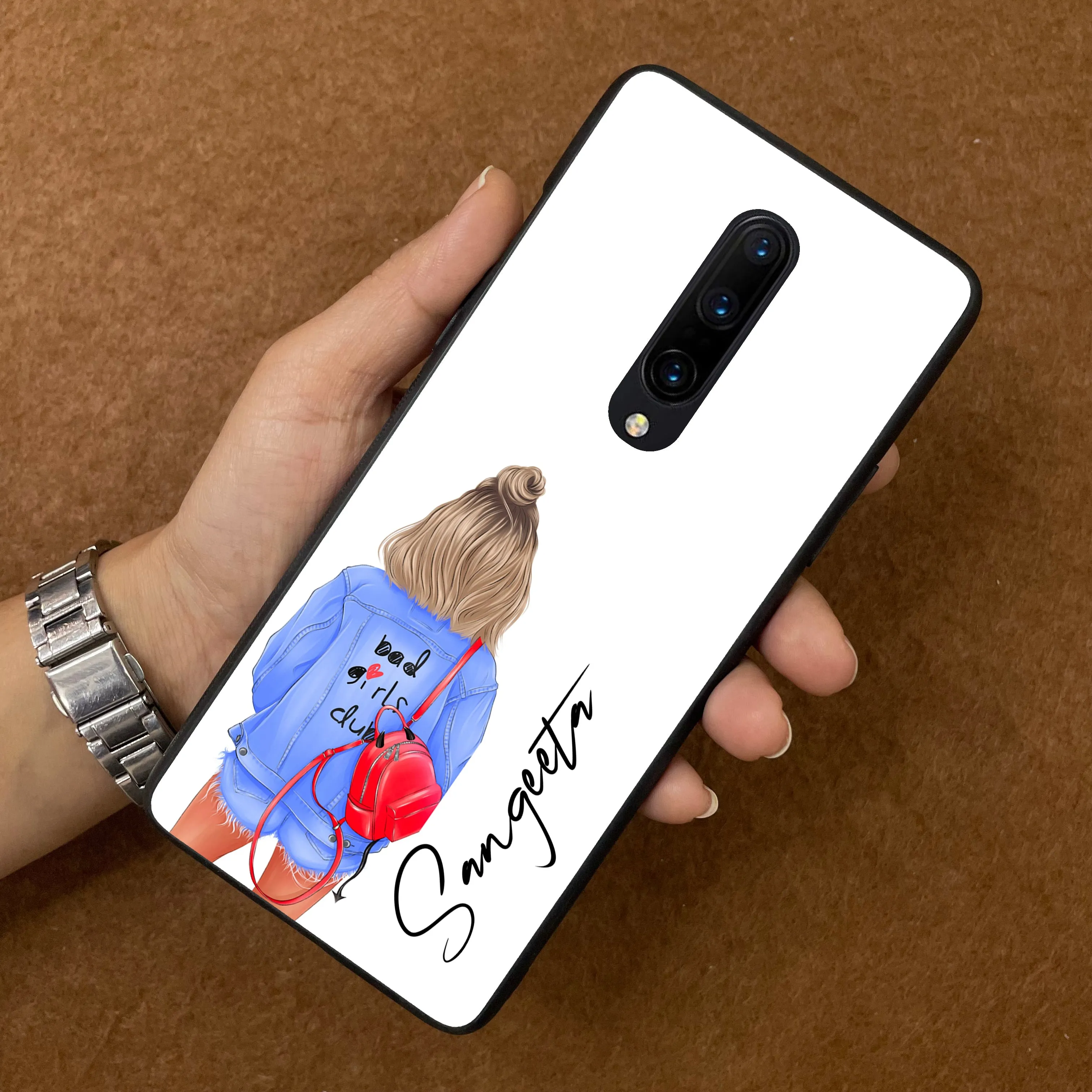 Bag Girl Customize Name Glass Case For OnePlus