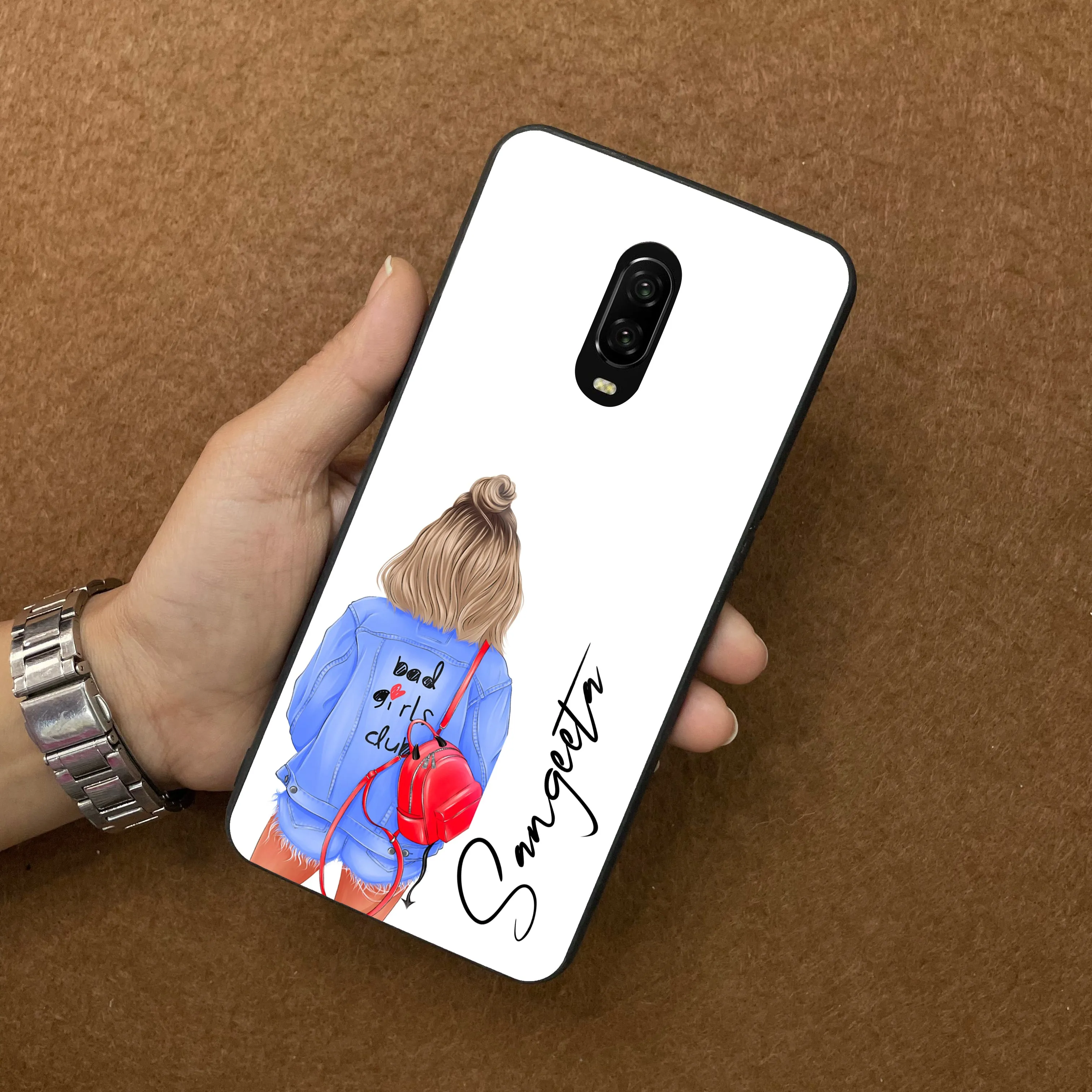 Bag Girl Customize Name Glass Case For OnePlus