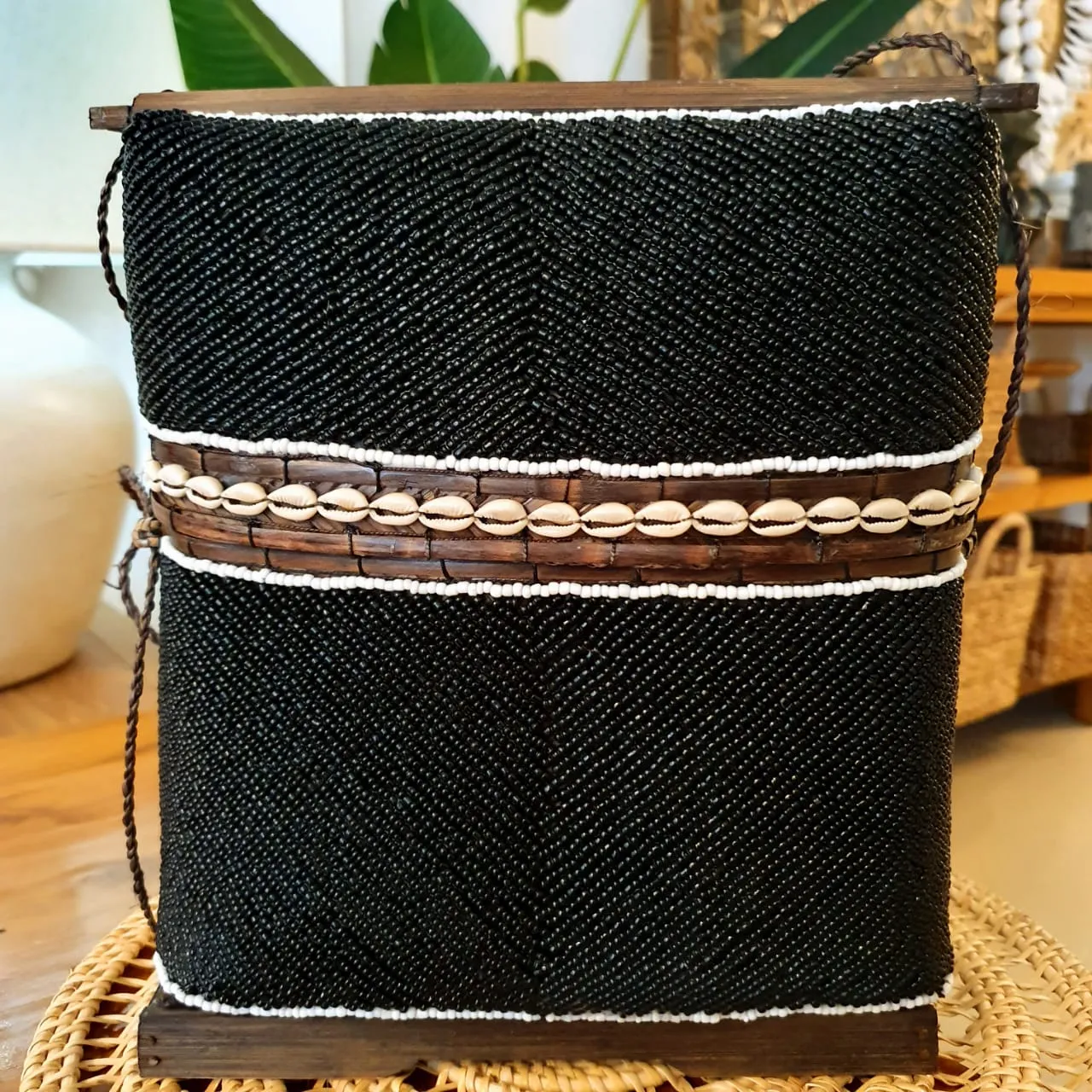 Bamboo Bag With Beaded Motif And Shells