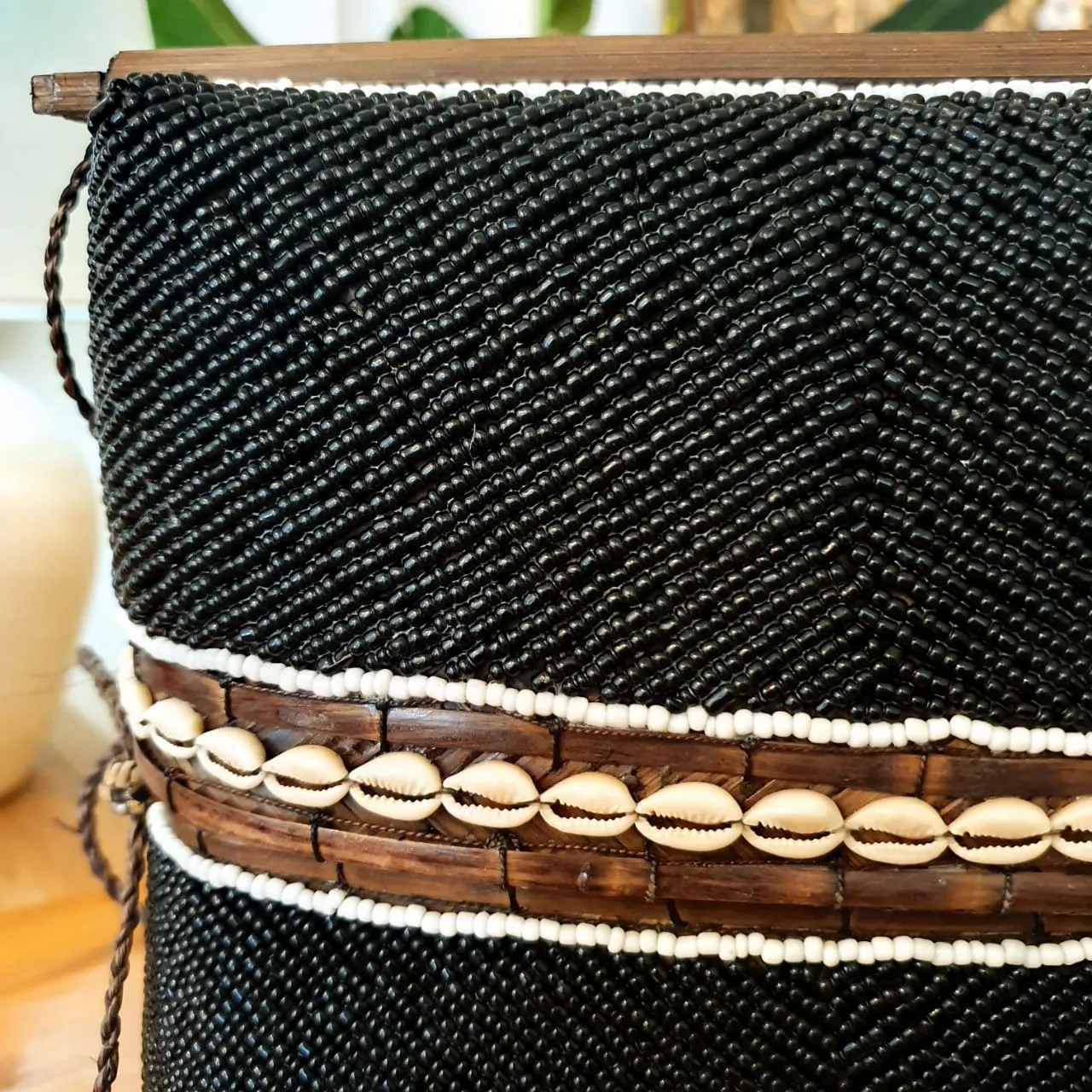 Bamboo Bag With Beaded Motif And Shells