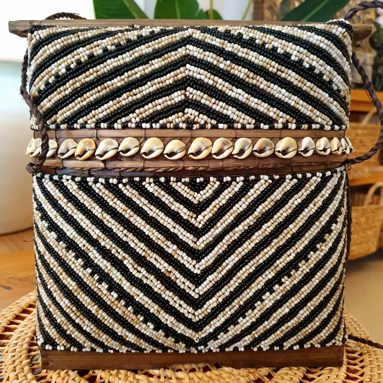 Bamboo Bag With Beaded Motif And Shells