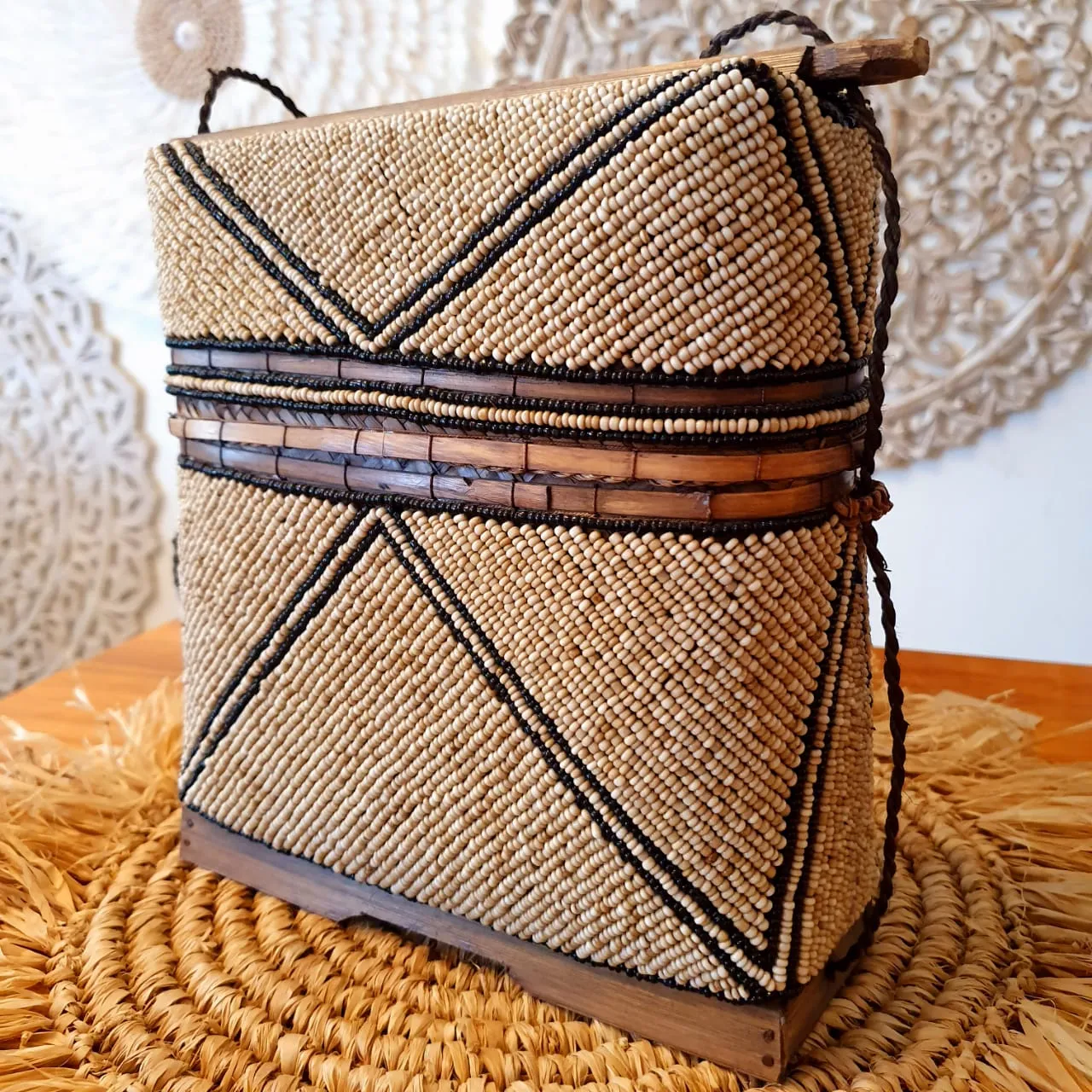 Bamboo Bag With Beaded Motif And Shells