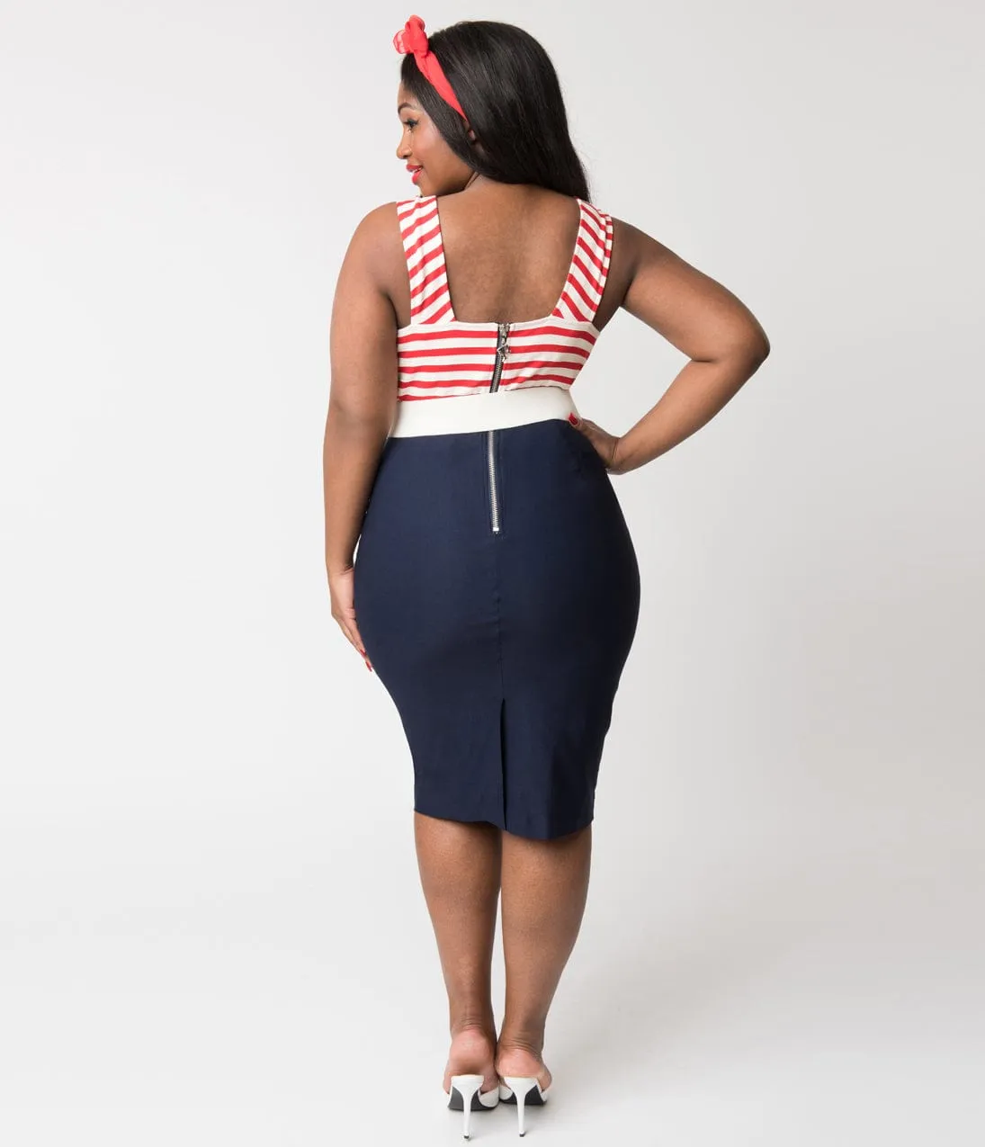 Barbie x Unique Vintage Plus Size Cruise Stripes Nautical Pencil Dress