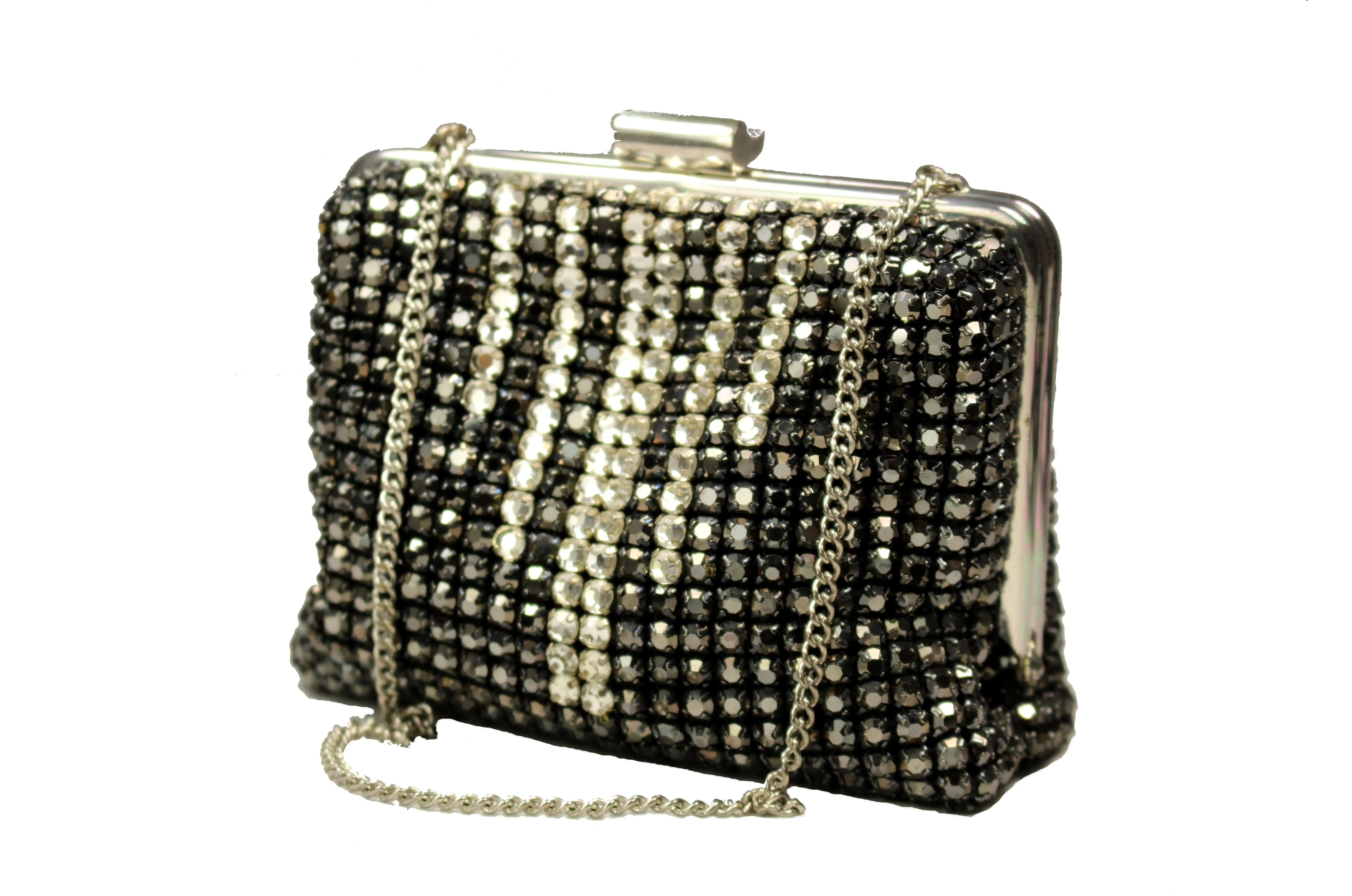 Bicolor rhinestone clutch with silver chain handle