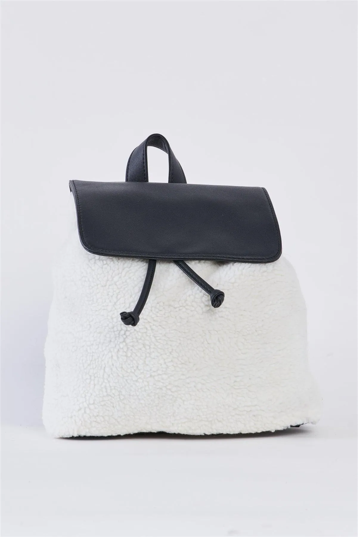 Black & White Flap Faux Fur Vegan Leather Draw String Tie Backpack /1 Bag