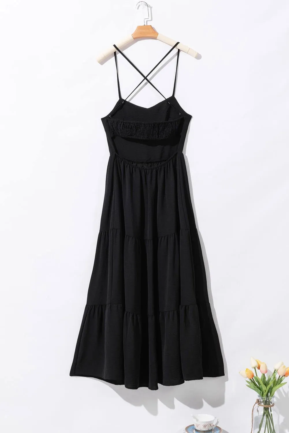 Black Crossover Backless Bodice Tiered Maxi Dress