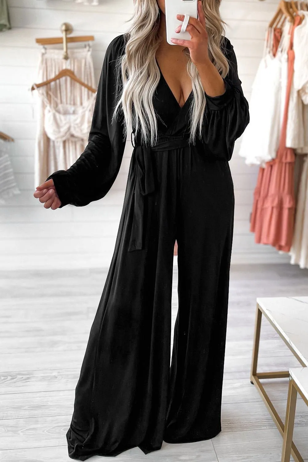 Black Cutout Back Deep V Belted Wide Leg Jumpsuit