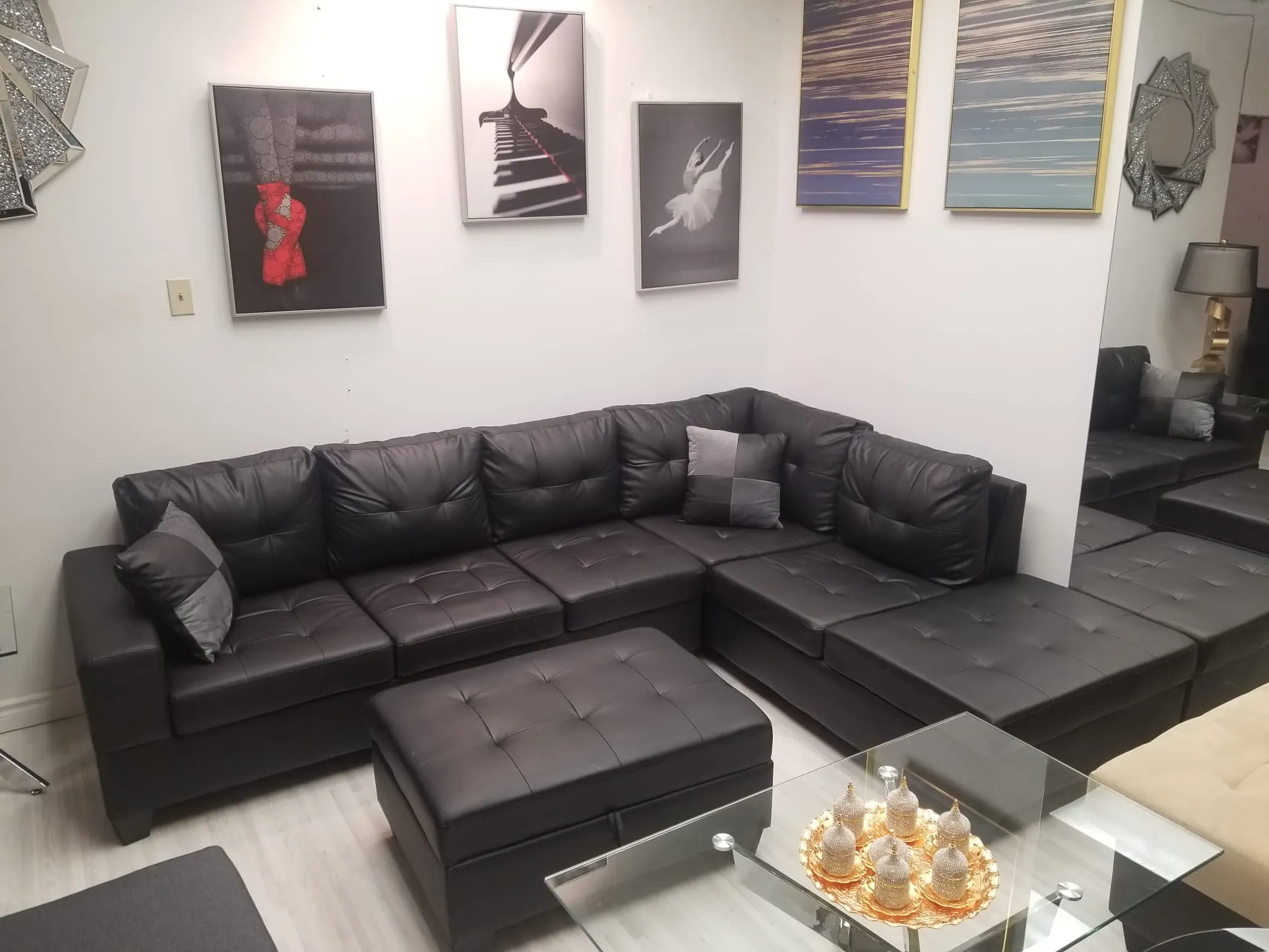 Black Leather Sectional- With Drop Down Cup Holders- Model Roma