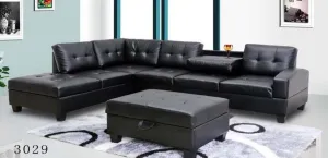 Black Leather Sectional- With Drop Down Cup Holders- Model Roma