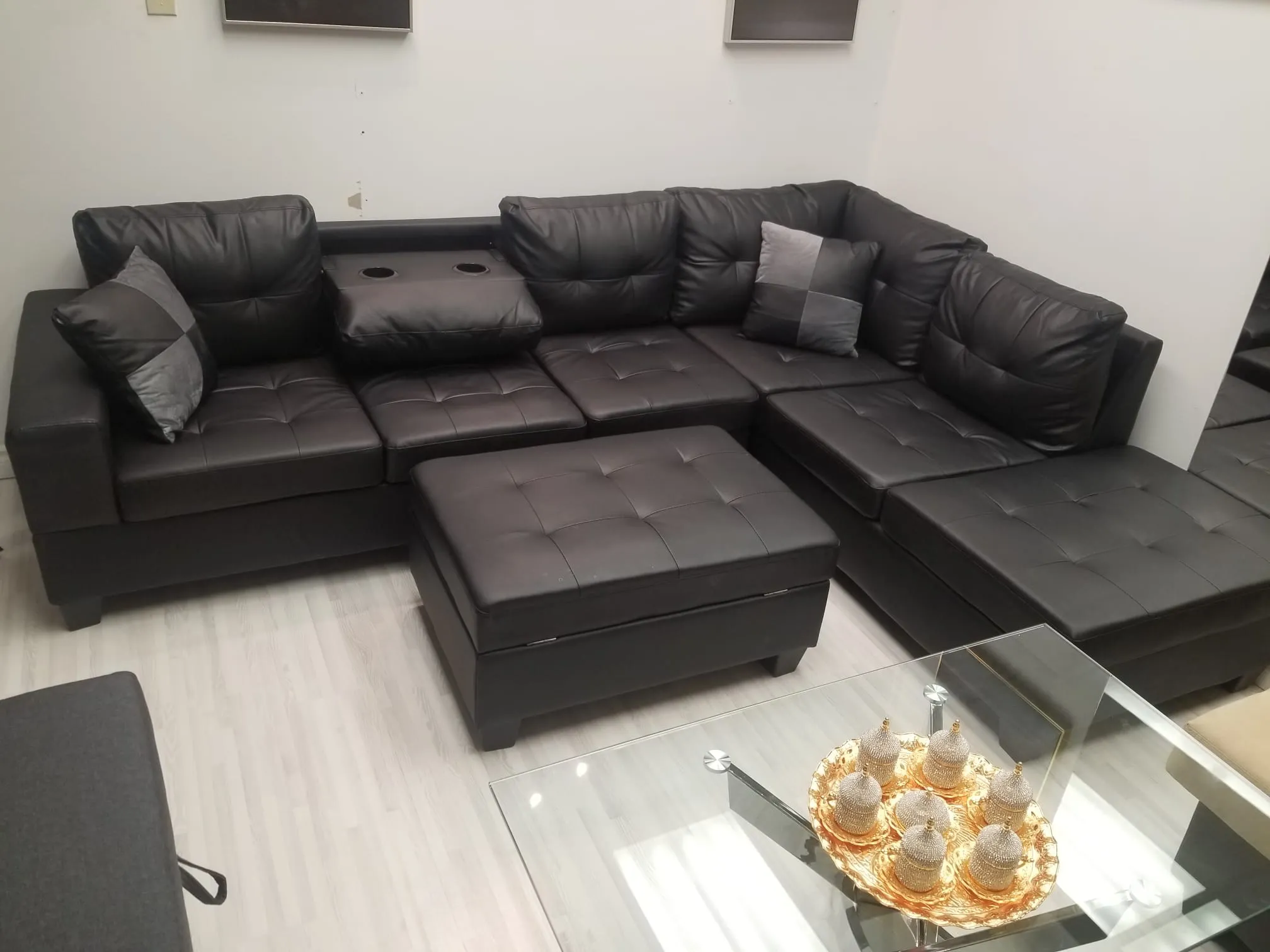 Black Leather Sectional- With Drop Down Cup Holders- Model Roma