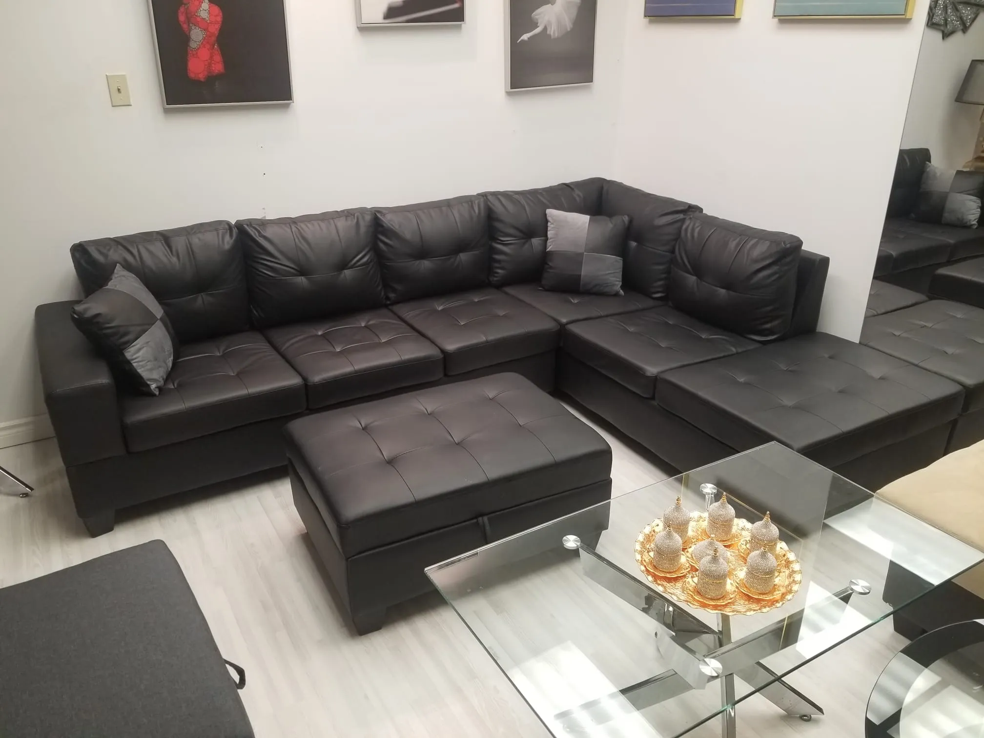 Black Leather Sectional- With Drop Down Cup Holders- Model Roma