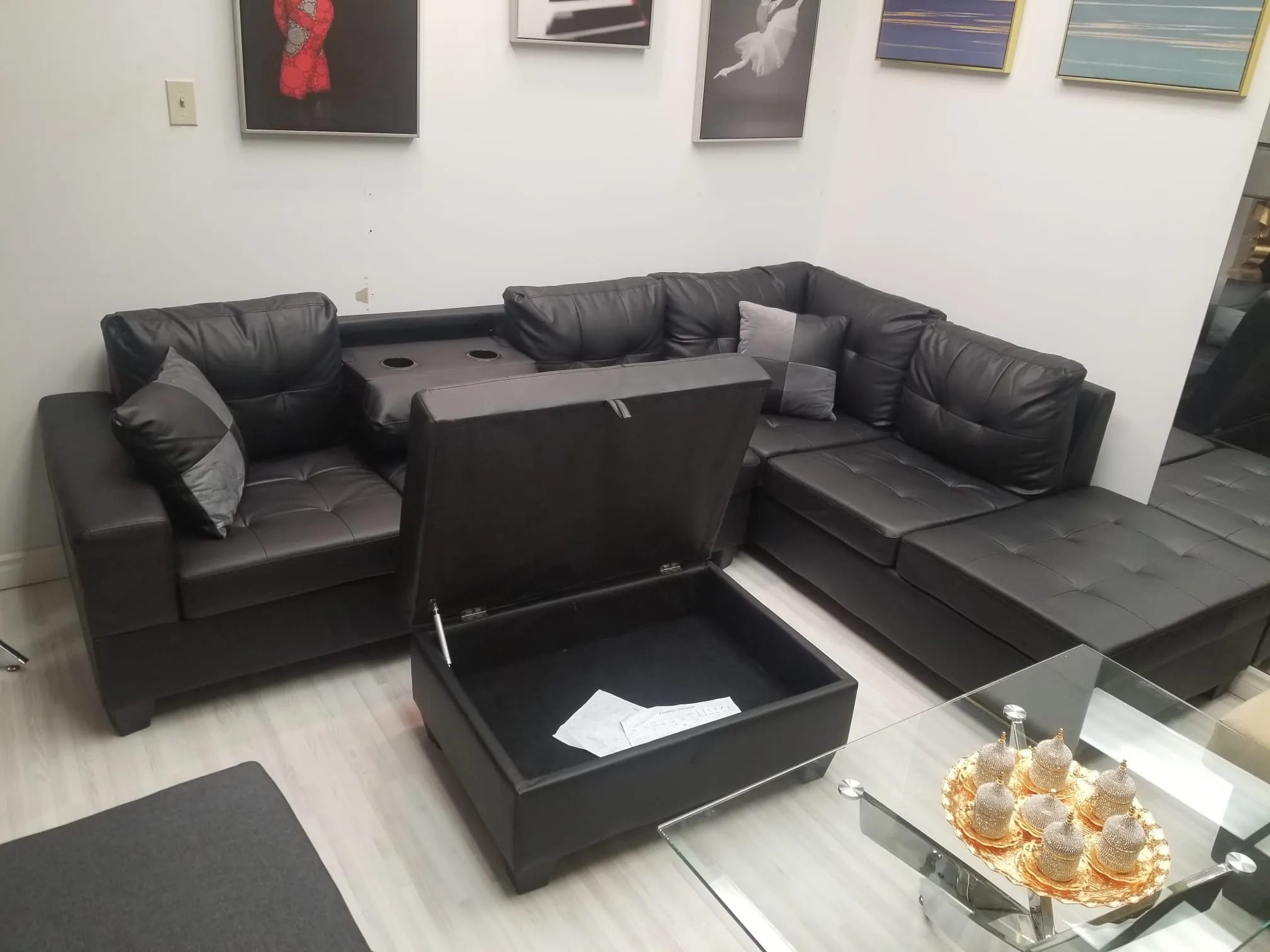 Black Leather Sectional- With Drop Down Cup Holders- Model Roma