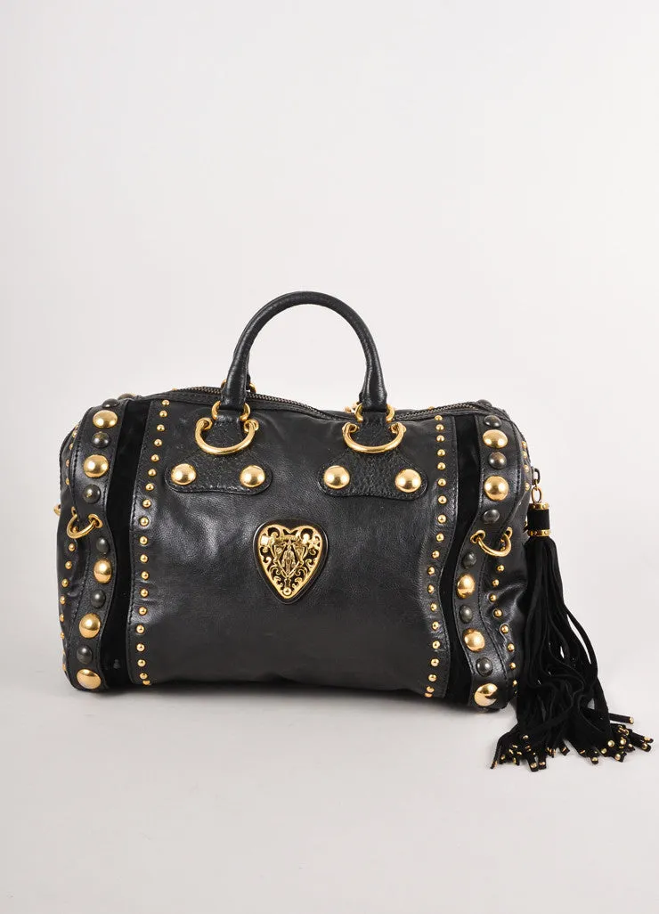 Black Leather Studded Tassel "Babouska" Handbag With Hardware