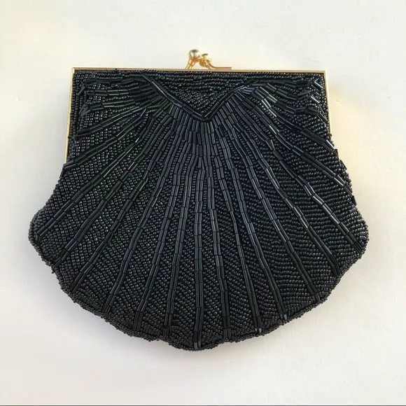 Black Shell Beaded Snap Open Cocktail Purse