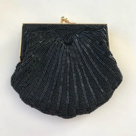 Black Shell Beaded Snap Open Cocktail Purse