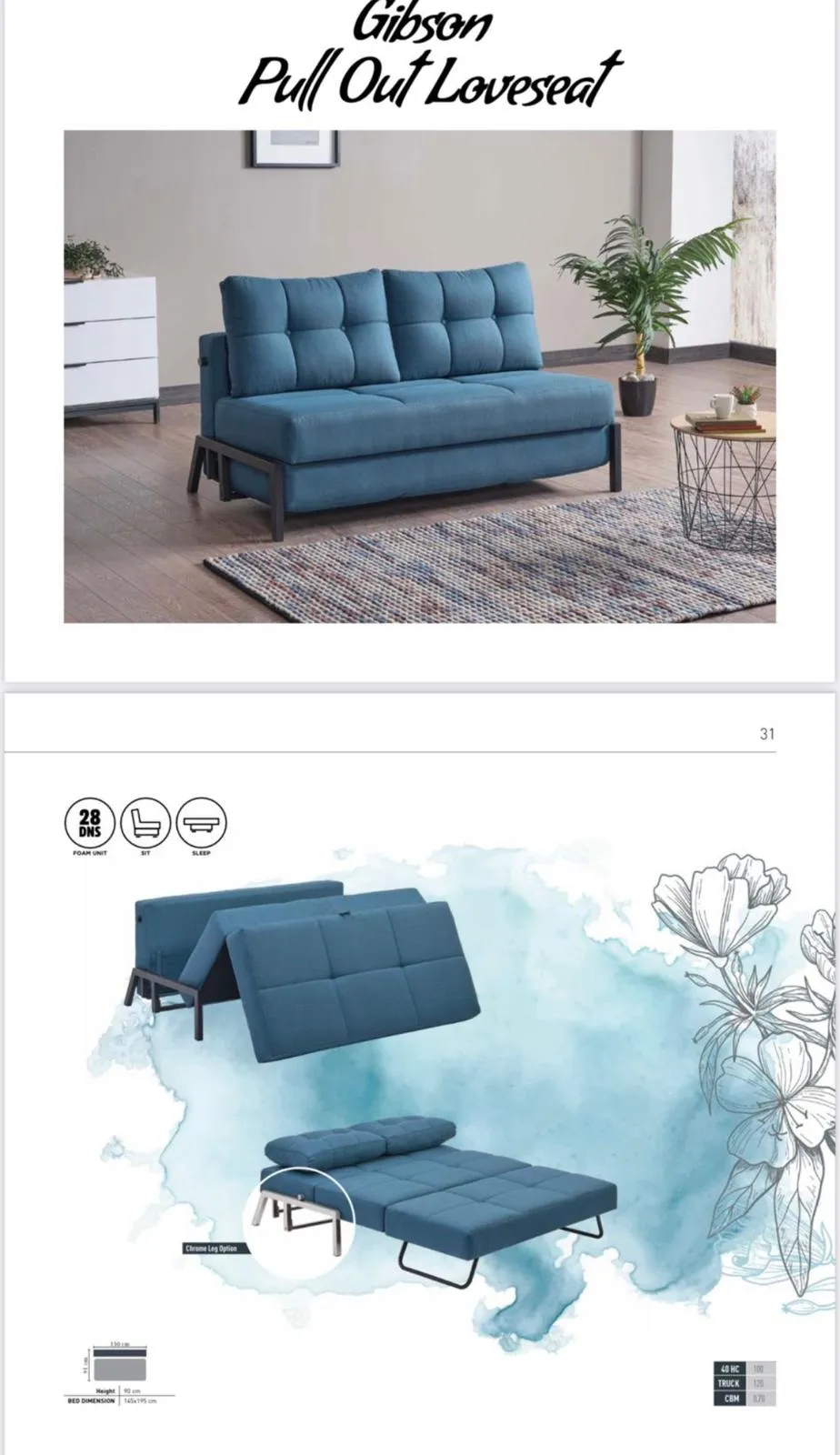 Blue Pull Out Love Seat Sofa Bed- Turkish Made- Lays Flat Into Bed- Model Gibson