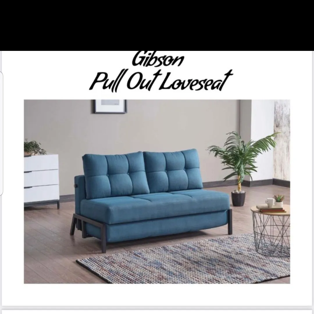 Blue Pull Out Love Seat Sofa Bed- Turkish Made- Lays Flat Into Bed- Model Gibson