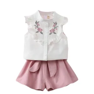 Bold N Elegant - Be Bold Inside & Elegant Outside Floral Embroidered Cotton Sleeveless Ruffle Top And Shorts Clothing Set For Infant Toddler Baby Girl (6-12 Months, White - Pink)