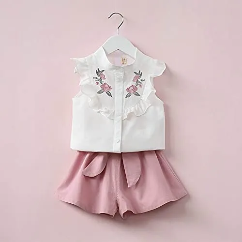 Bold N Elegant - Be Bold Inside & Elegant Outside Floral Embroidered Cotton Sleeveless Ruffle Top And Shorts Clothing Set For Infant Toddler Baby Girl (6-12 Months, White - Pink)