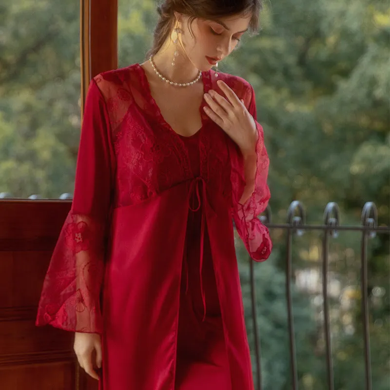 Bridal Wedding Red Nightdress Vintage Lace Robe