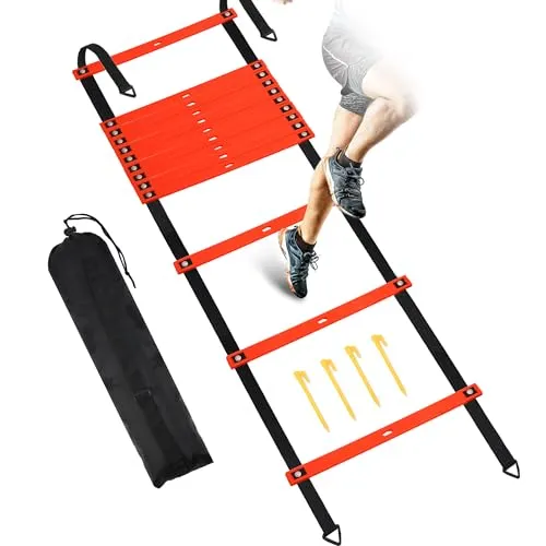 Camkinger Fixed Rung Agility Ladder - 20ft 12 Rungs No Tangle Speed and Agility Training Equipment for Soccer Footwork Training with Carrying Bag/Ground Stakes for Adults Youth Kids