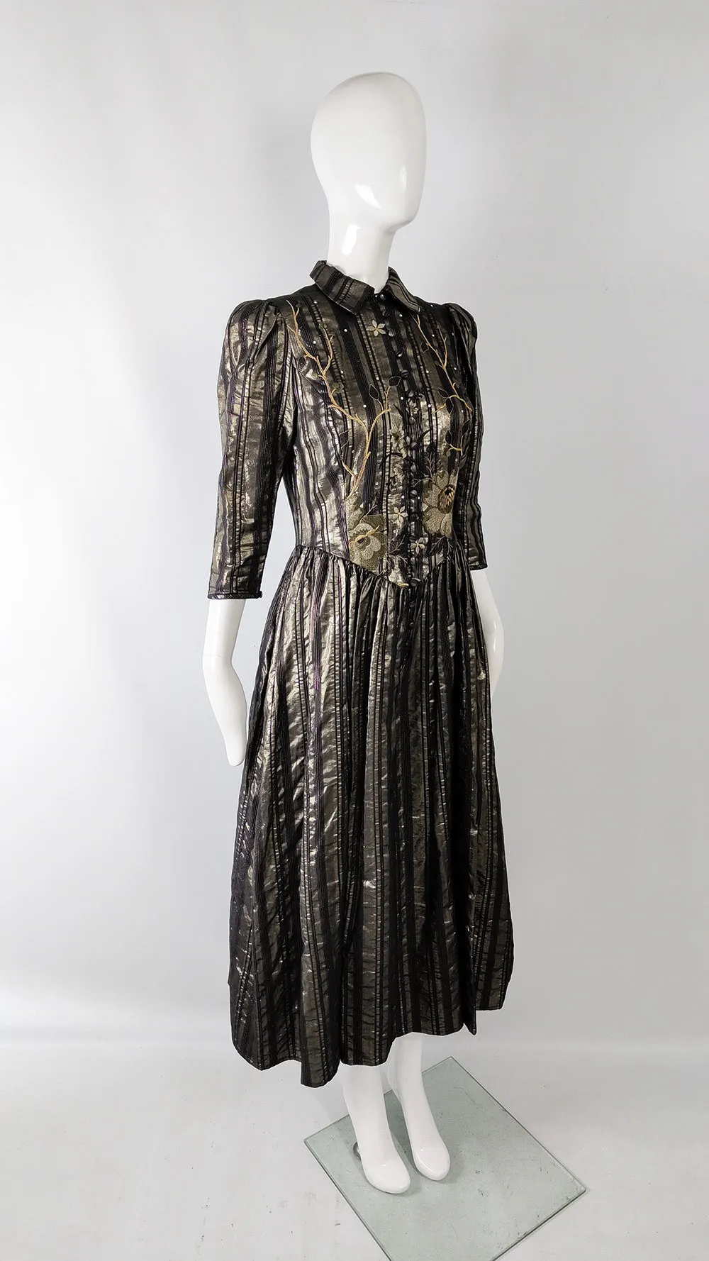 Caroline Charles Vintage Dark Gold Beaded Evening Dress, 1980s