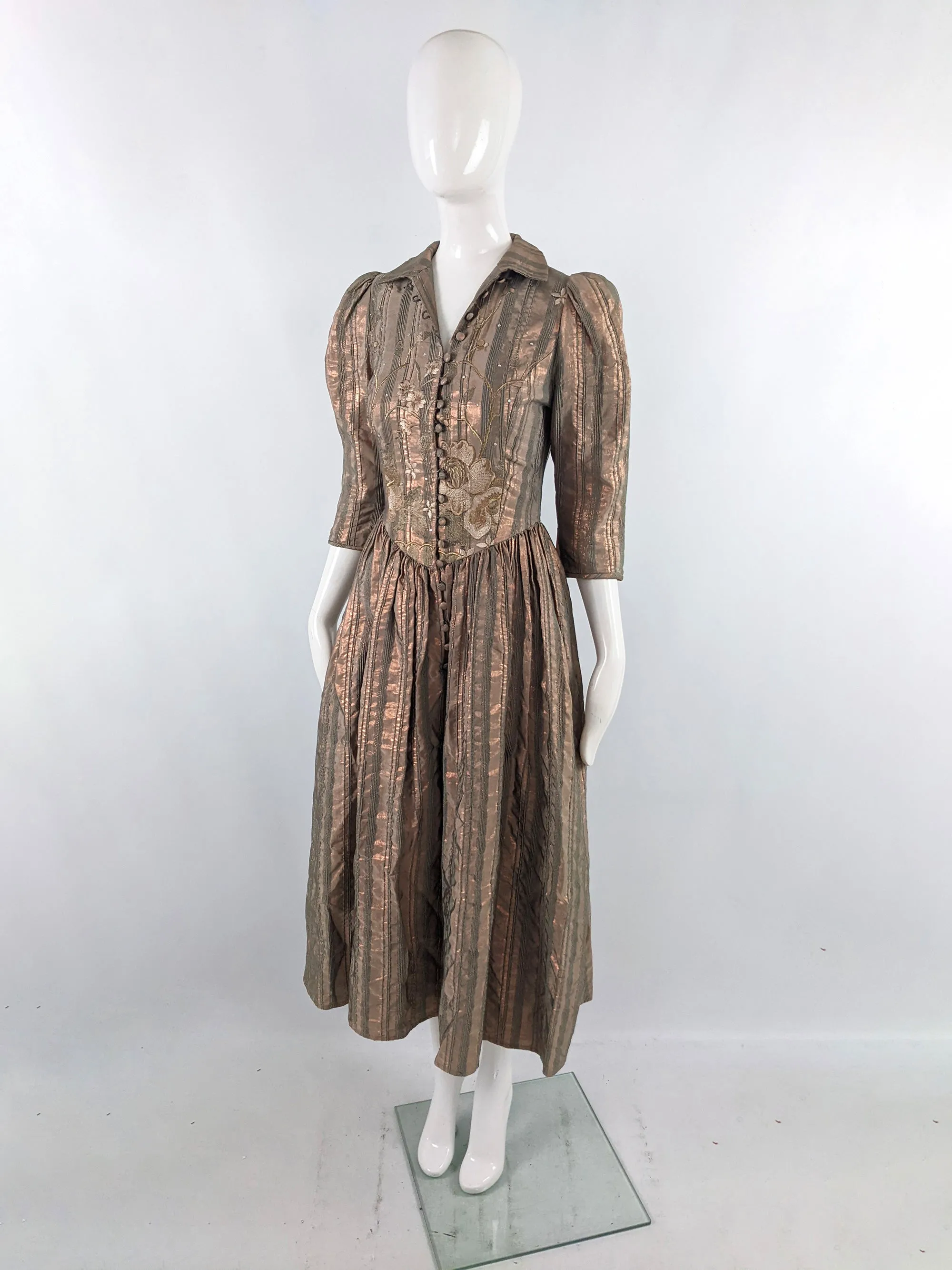 Caroline Charles Vintage Pale Metallic Bronze Embroidered Dress, 1980s